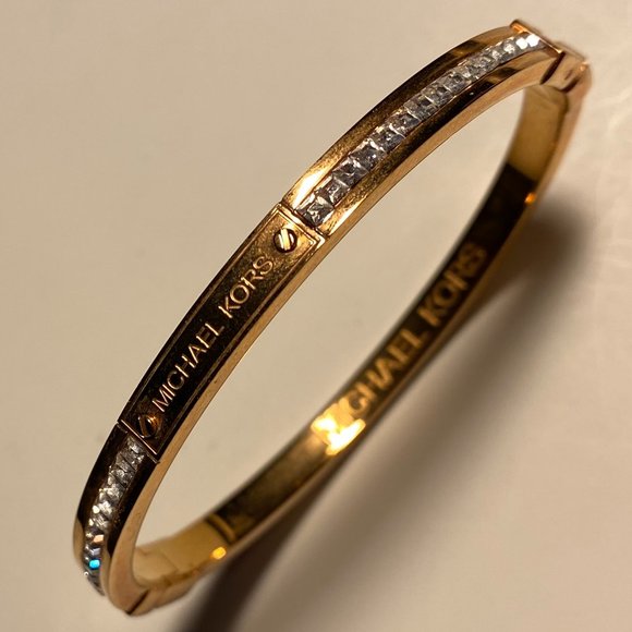 Michael Kors Women’s Gold Tone Hinged Bangle Bracelet with Crystal Accents - Picture 1 of 3
